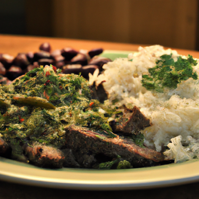 Fire up the Flavor: California Style Carne Asada Plate with Rice, Beans, and Salsa Verde